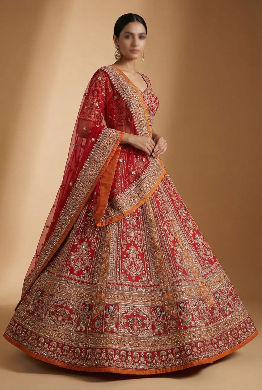 Bridal Lehenga — Red & Orange Zardosi