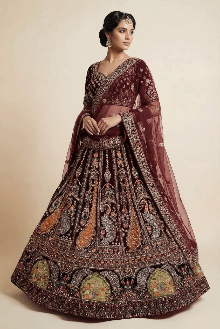 Bridal Lehenga — Maroon Peacock Velvet
